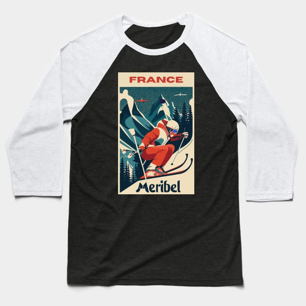 A Vintage Travel Art of Meribel - France Baseball T-Shirt by goodoldvintage